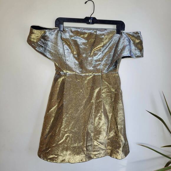 Sandro Metallic Off-the-Shoulder A-line Mini Dress - Gold - Picture 5 of 13